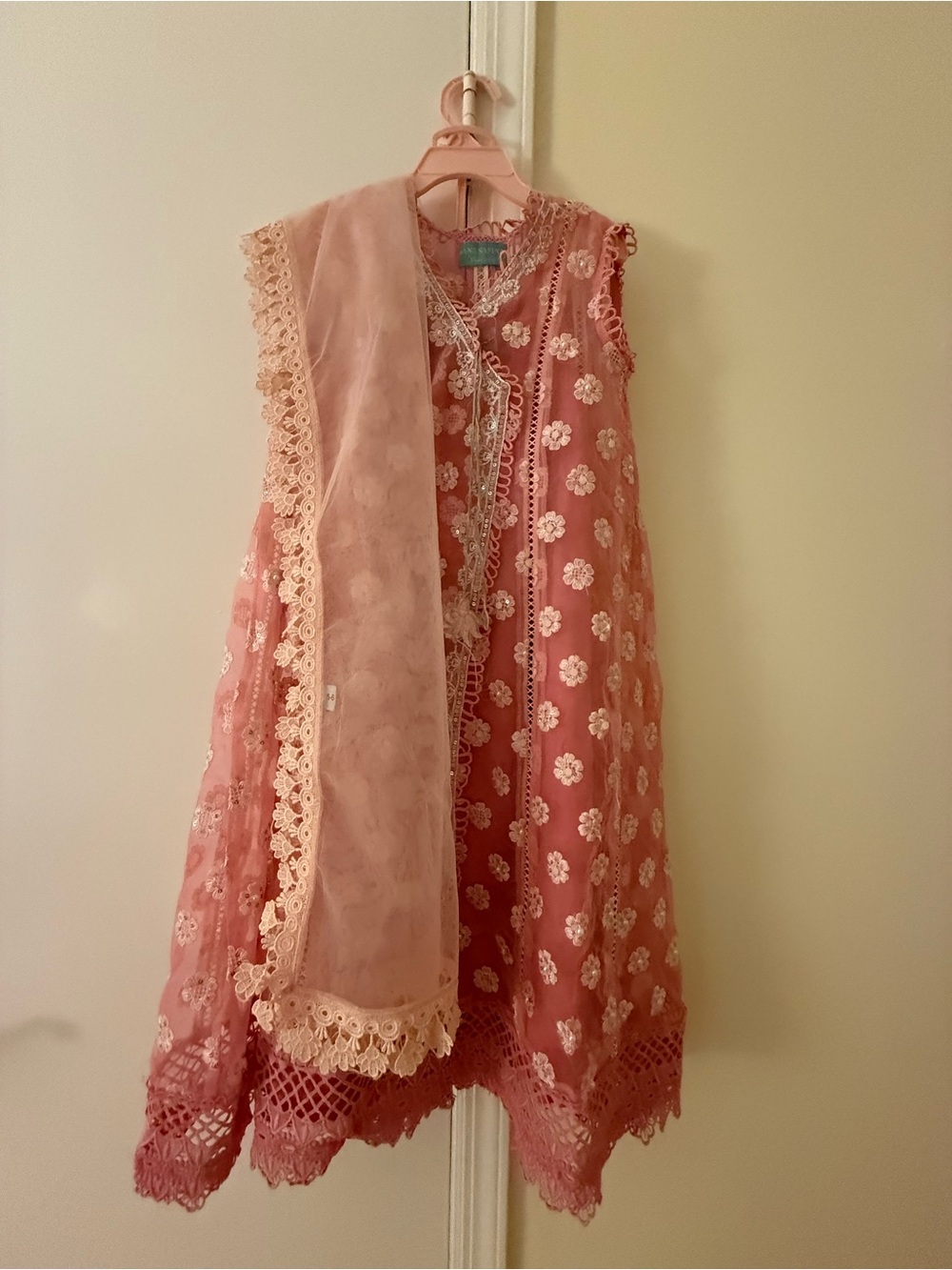 Embroidered Pink Floral Party Dress with Scarf